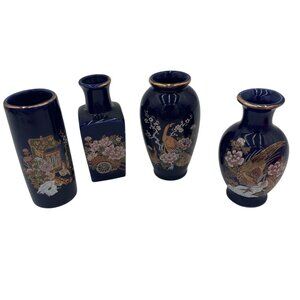 Vintage 4 Miniature Blue Porcelain Vases Gold Floral & Bird Designs Asian